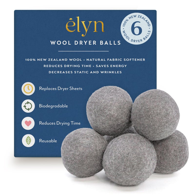 ELYN Wool Dryer Balls 6-Pack - XL, 100% New Zealand Wool, Reusable and Handmade. Fragrance-Free, Natural Fabric & Laundry Softener, Reduce Wrinkles, Static and Drying Time (Grey) - Image 1
